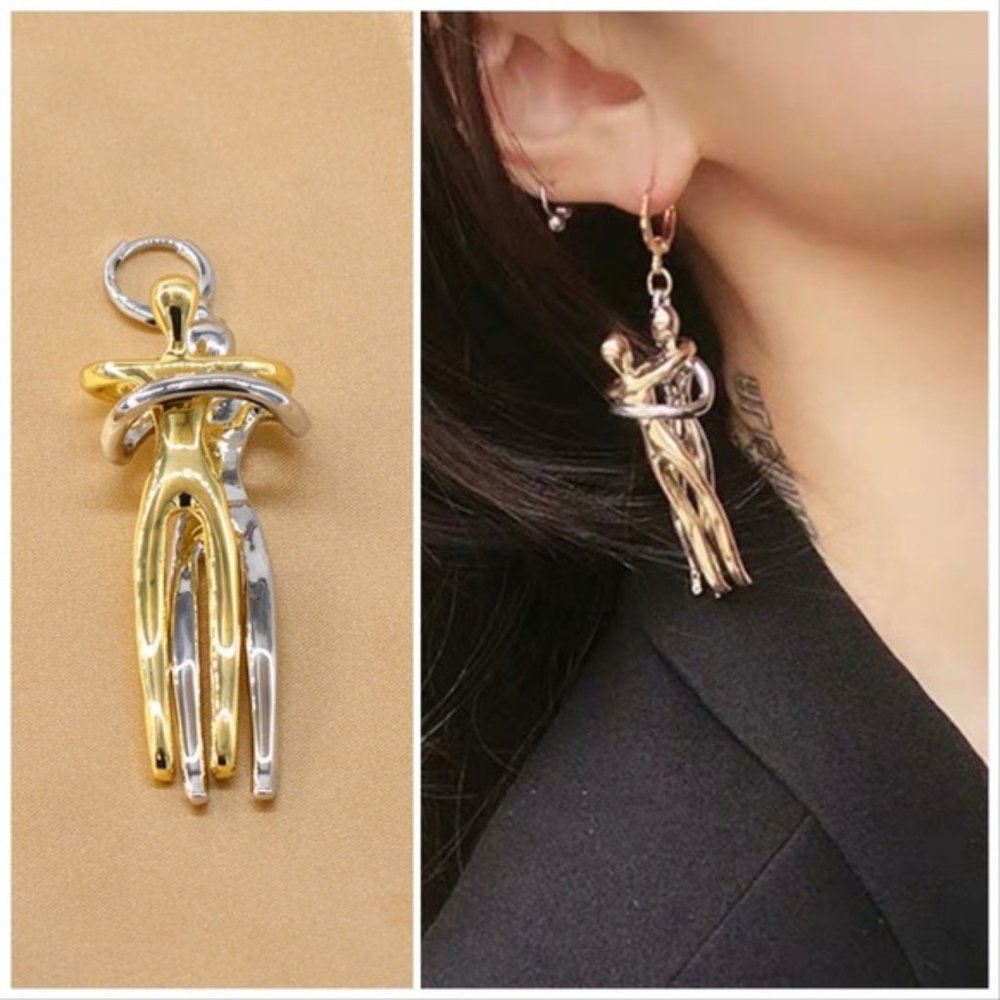 Unique Pair Gold & Silver Hugging Lovers Earrings